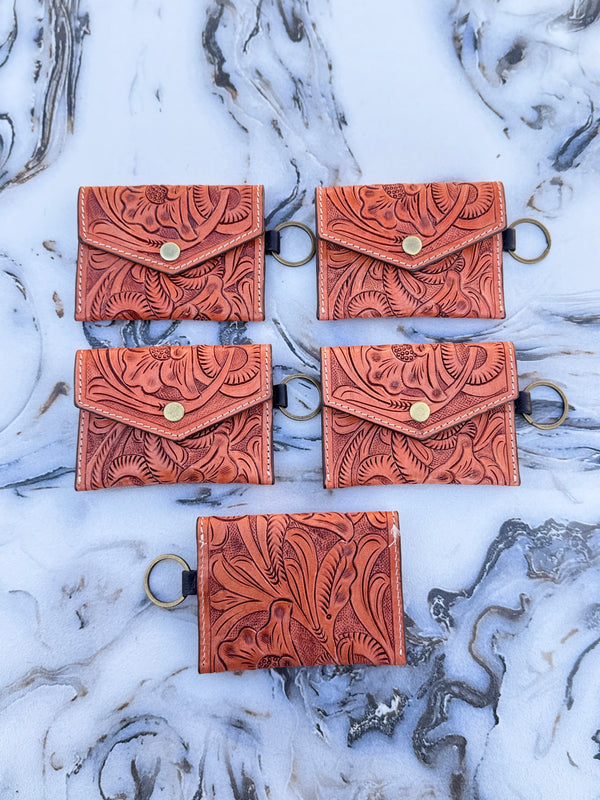 Genuine Leather Coin Purse Pouches Hand Tooled Carving Unisex Clutch Small Size Wallet