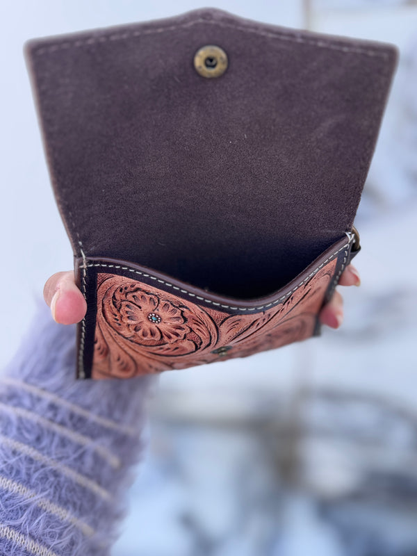 Hand Tooled Carving Coin Purse Western Leather Small Size Wallet for Unisex