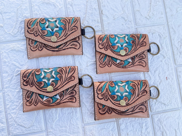 Hand Tooled Carving Coin Purse Western Leather Small Size Coin Purse for Women's