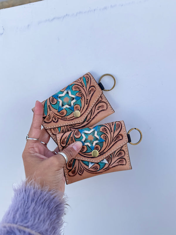 Hand Tooled Carving Coin Purse Western Leather Small Size Coin Purse for Women's