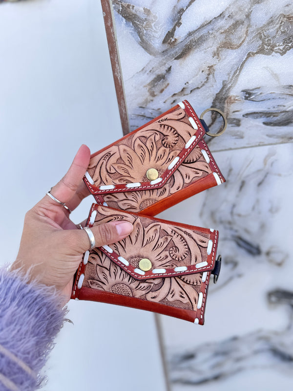 Women's Hand Tooled Carving Leather Coin Purse Stylish Clutch