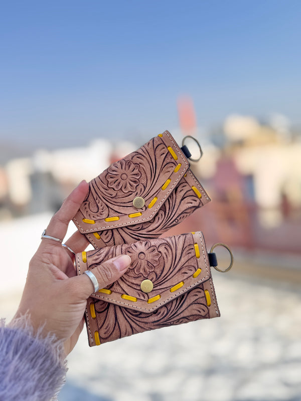 Hand Tooled Carving Small Size Coin Purse Western Leather Purse for Unisex