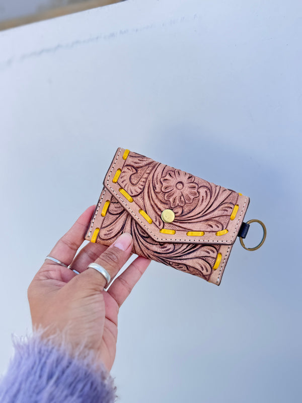 Hand Tooled Carving Small Size Coin Purse Western Leather Purse for Unisex