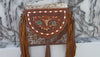 Hand Tooled Carving Leather Handbag Hair On Hide Fur Leather Handmade Purse for Women's