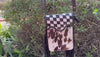 Phone Purse Real Cowhide Fur Leather Fringe Hand Tooled Carving Checker Pattern Sling Bag